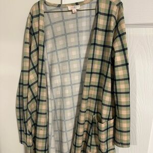 Lularoe Caroline Cardigan. Blue and green check. Pockets! Small. EUC.